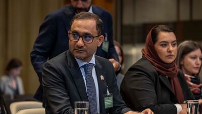 Abdalla AlNaqbi, director of the Office of International Legal Affairs at the UAE Presidential Court, and Reem Ketait, deputy assistant minister for political affairs at the Ministry of Foreign Affairs, right, at the hearing in The Hague. Antonie Robertson / The National