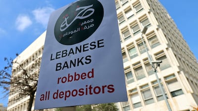 A banner from a protest against the freezing of bank accounts in Lebanon. AFP