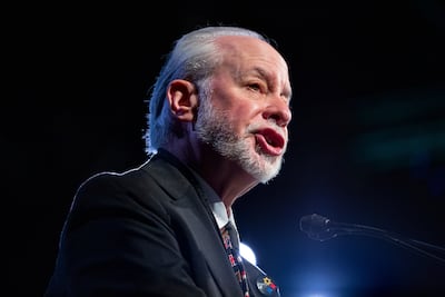 Rabbi Hazzan Jeffrey Myers gives the invocation on the first day of the Eradicate Hate Global Summit in Pittsburgh. (AP Photo / Rebecca Droke)