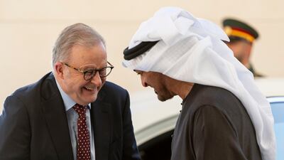 President Sheikh Mohamed receives Australian Prime Minister Anthony Albanese at Al Shati Palace last month. UAE Presidential Court
