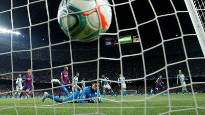 Barcelona's Carles Perez, 21, celebrates scoring their third goal. Reuters