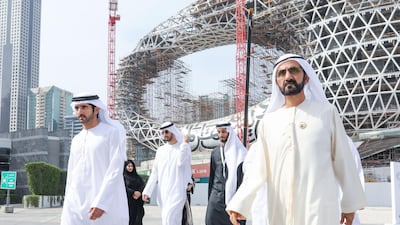 Sheikh Mohammed bin Rashid, Vice President and Ruler of Dubai, and Sheikh Hamdan bin Mohammed, Crown Prince of Dubai, visit the construction site for the Museum of the Future. Wam