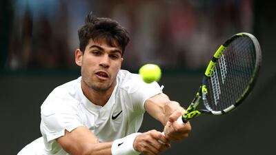 Carlos Alcaraz during his 7-6, 6-2, 6-2 win over Aleksandar Vukic at Wimbledon. Getty Images