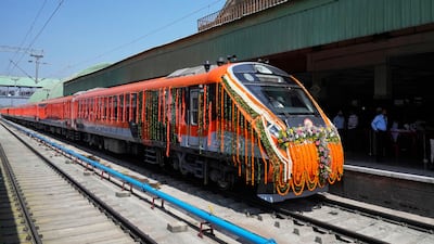A Vande Bharat Express train ready for its inauguration in Srinagar, Indian controlled Kashmir. It will run between Srinagar and Katra. AP