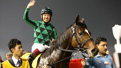 Just A Way and jockey Yuichi Fukunaga found their way to the front in the Dubai Duty Free. Pawan Singh / The National
