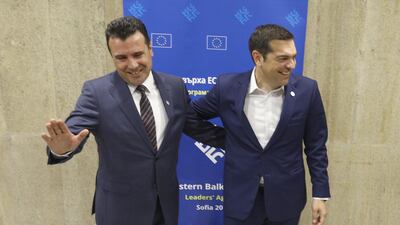 Greek Prime Minister Alexis Tsipras meets with Macedonian Prime Minister Zoran Zaev at the EU-Western Balkans Summit in Sofia, Bulgaria. Stoyan Nenov / Reuters