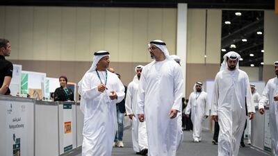 Sheikh Khaled bin Mohamed, member of the Abu Dhabi Executive Council and head of the Abu Dhabi Executive Office, attends the EmiratesSkills National Competition at the Abu Dhabi National Exhibition Centre