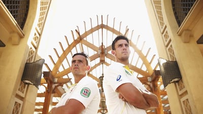 Steve O'Keefe, left, and Mitchell Marsh, right, of Australia pose stoically at the Souk Al Bahar on Monday in Dubai ahead of Wednesday's start to the first Test against Pakistan. Ryan Pierse / Getty Images / October 20, 2014