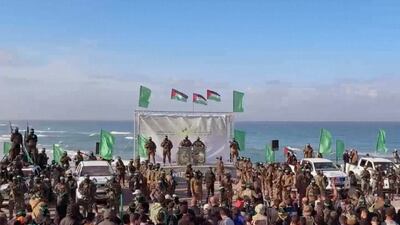 A stage is set up near Gaza port for the release Israeli-American hostage Keith Siegel. Sky News Arabia screengrab