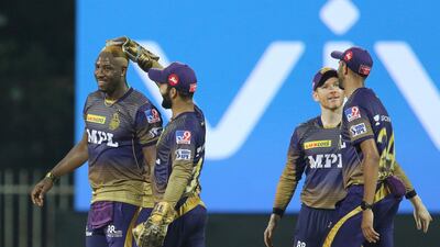 Andre Russell celebrates the wicket of Krunal Pandya
