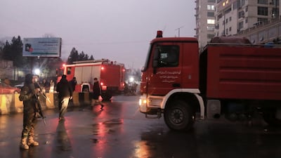A fire brigade lorry at the scene after a suspected suicide bomber detonated explosives outside the ministry building. EPA