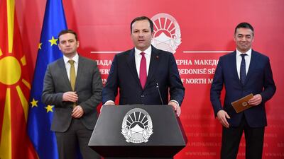 North Macedonian Prime Minister Oliver Spasovski (C) addressing citizens in Skopje. EPA