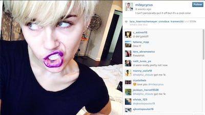 A screenshot of a selfir by Miley Cyrus on Instagram.