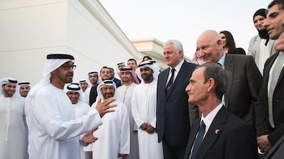 Sheikh Mohammed bin Zayed, Crown Prince of Abu Dhabi and Deputy Supreme Commander of the Armed Forces, talks to members and staff of the International Jiu-Jitsu Federation during a Sea Palace barza on Monday. Ryan Carter / Crown Prince Court — Abu Dhabi