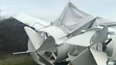 Part of the collapsed airship Airlander 10 is seen in Bedfordshire, Britain. Rob Fletcher / via Reuters