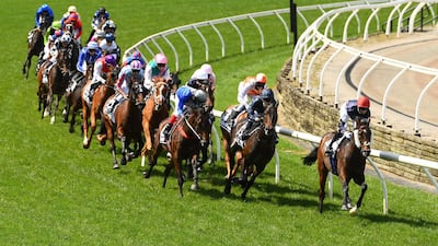 Jye McNeil riding Twilight Payment leads the field around the first bend in the Lexus Melbourne Cup. Getty Images for the VRC