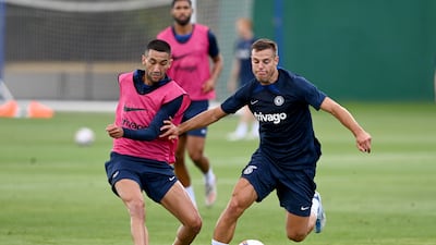 Chelsea's Hakim Ziyech and Cesar Azpilicueta during a training session in Cobham, England. All pictures by Getty Images