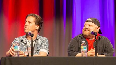 Writer Kevin Burke (L) and writer Chris 'Doc' Wyatt speak at the Spiderman Maximum Venom panel. EPA.