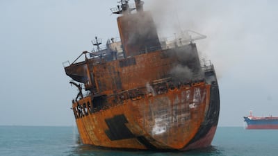 A foreign tanker carrying Iraqi fuel oil damaged after catching fire in Iraq's territorial waters. Reuters