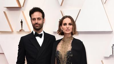 Benjamin Millepied and Natalie Portman arrive at the Oscars on Sunday, February 9, 2020, at the Dolby Theatre in Los Angeles. AP
