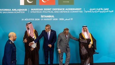 From left, Gen Fayyadh bin Hamed Al Ruwaili, Saudi Chief of General Staff; Prince Khalid bin Salman, Saudi Defence Minister; Hakan Fidan, Turkey's Foreign Minister; Ishaq Dar, Pakistan’s Foreign Minister; and Prince Faisal bin Farhan, Saudi Foreign Minister, at the meeting in Istanbul. Getty Images