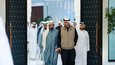 Sheikh Mohamed and Sheikh Mohammed bin Rashid after the meeting at Al Shati Palace