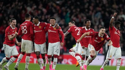Manchester United players celebrate after winning the FA Cup semi-final against Brighton and Hove Albion at Wembley Stadium. AP
