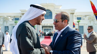 President Sheikh Mohamed bids farewell to President Abdel Fattah El Sisi of Egypt, before departing from Alamein International Airport. All photos: UAE Presidential Court