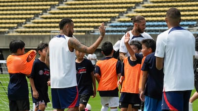 PSG players Neymar, Sergio Ramos and Kylian Mbappe greet kids during the PSG kids soccer clinic in Tokyo, Japan. EPA