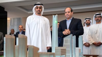Sheikh Mohamed and Mr El Sisi inspect projects at Al Alamein city. Photo: Ministry of Presidential Affairs