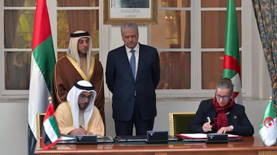 Sheikh Mansour bin Zayed and Abdul Malik Salal witness on Tuesday evening the signing ceremony for agreements between the UAE and Algeria. Wam