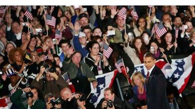 President elect Barack Obama looks on after giving his victory speech during an election night gathering in Grant Park on Nov 4 2008 in Chicago, Illinois.