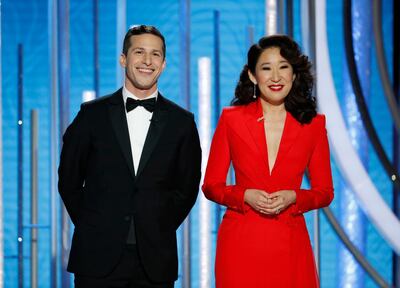 Andy Samberg, left, and Sandra Oh at the 76th Annual Golden Globe Awards. Photo: AP