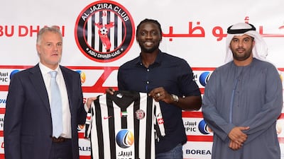 Kenwyne Jones, centre, was presented as an Al Jazira player at the Mohammed bin Zayed Stadium on Thursday. Courtesy: Al Jazira
