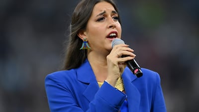 Farrah El Dibany sings the French national anthem prior to the final between Argentina and France at Lusail Stadium. Getty Images
