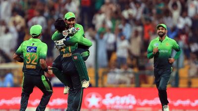 Pakistan's captain Sarfraz Ahmed (3rdL) celebrating with Faheem Ashraf during the second T20 cricket match between Sri Lanka and Pakistan at the Sheikh Zayed Stadium in Abu Dhabi. Nezar Balout/ AFP Photo