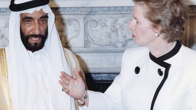 The UAE's Founding Father, Sheikh Zayed bin Sultan Al Nahyan, with Britain’s Prime Minister Margaret Thatcher at 10 Downing Street in London. July 19, 1989. AP Photo