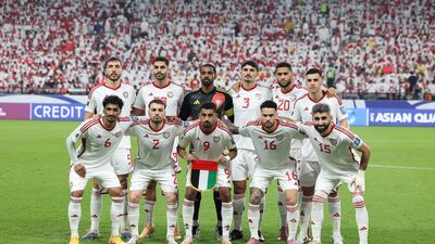 The UAE team starting XI before the game against Iraq. Chris Whiteoak / The National