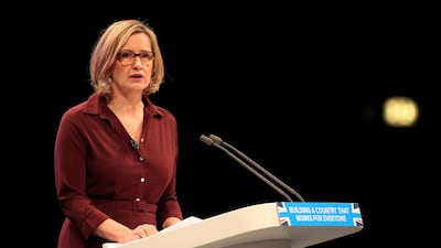 Amber Rudd details plans to make streaming extremist content an offence punishable by 15 years in prison. (Peter Byrne/PA via AP)