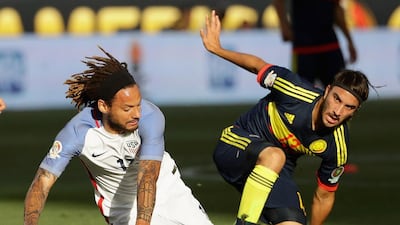 Jermaine Jones of United States, left, and Sebastian Perez of Colombia battle for the ball during the 2016 Copa America Centenario match at Levi’s Stadium on June 3, 2016 in Santa Clara, California. Ezra Shaw / Getty Images