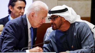 UAE President Sheikh Mohamed speaks to US President Joe Biden at the G20 Summit in New Delhi last year. AFP