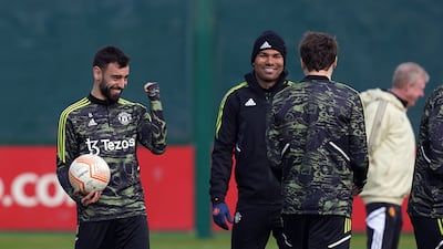 Manchester United's Bruno Fernandes during a training session on Wednesday, April 19, 2023. United take on Sevilla in the Europa League quarter-final second leg on Thursday. PA