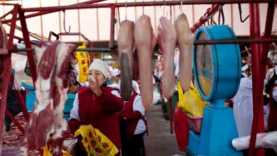 The meat market at the Green Bazaar in Almaty, Kazakhstan.