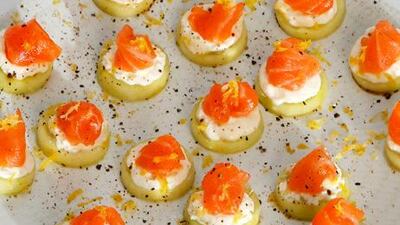 Cucumber and salmon rounds make an ideal canapé.