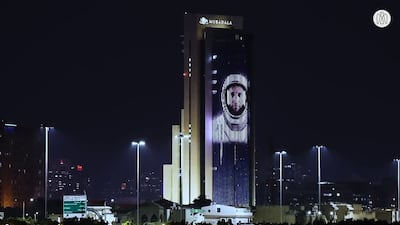 Abu Dhabi's Mubadala Tower was among the buildings lit up in honour of Sultan Al Neyadi's homecoming. Photo: Abu Dhabi Media Office