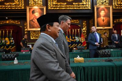 Indonesian Defence Minister Prabowo Subianto hosts Australian Defence Minister Richard Marles in Jakarta on Monday. AFP