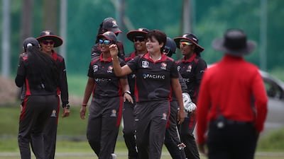 UAE celebrate a dismissal in their 33-run win over Malaysia at the ACC T20 Women's Championship in Kuala Lumpur. Photo: Malaysia Cricket Association