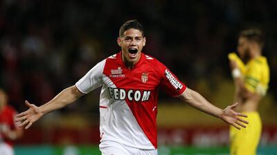 AS Monaco player James Rodriguez reacts after scoring against Nantes during their Ligue 1 match on Sunday. Eric Gaillard / Reuters / April 6, 2014