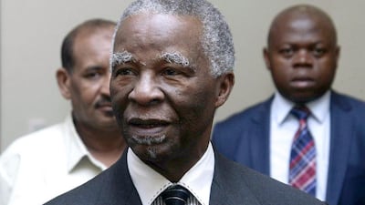 Former South African president Thabo Mbeki arrives for a meeting with Sudanese president Omar al-Bashir at the Presidential palace in Khartoum on August 3, 2015. Ebrahim Hamid / AFP Photo