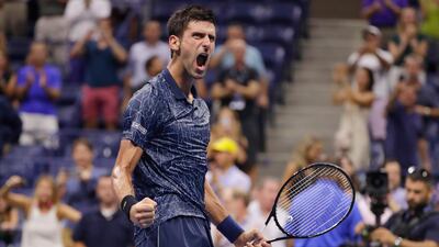Novak Djokovic of Serbia celebrates after defeating John Millman of Australia in the quarterfinals of the US Open tennis tournament . AP Photo